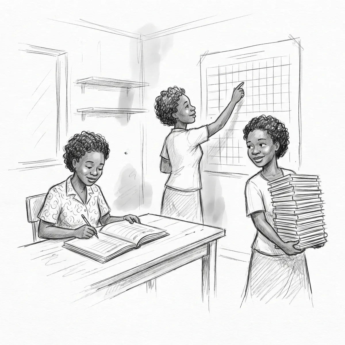Three teachers in a school staff room, one writing in an attendance register, one pointing at a wall timetable, one carrying exercise books